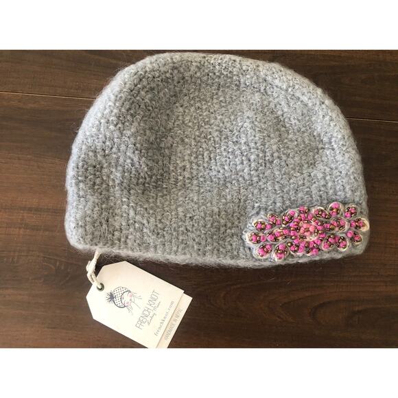 French Knot Lindsay Mason Wool Fleece Lined Hand Embroidered Hat NWT Beaded Gray - Picture 1 of 4